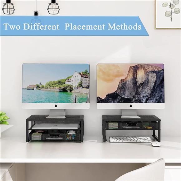 SimpleTrending-Metal Monitor Stand Riser and Computer Desk Organizer with Drawer - Picture 2 of 5